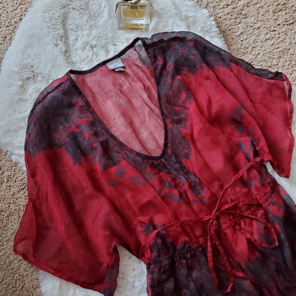 Red and Black V-neck Sheer Top